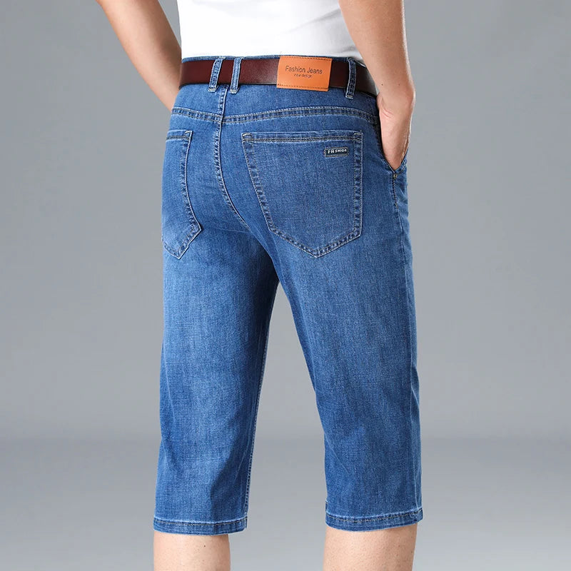 Summer Men's Thin Stretch Short Jeans Business Casual Blue Straight-leg Cotton Denim Calf-length Pants Male Brand Clothes ATFH