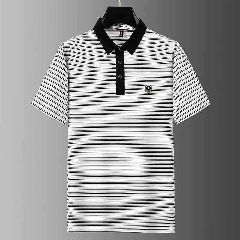 Minglu High Elasticity Summer Striped Male Polo Shirts Luxury Short Sleeve Ice Silk Business Golf Casual Man Tees Plus Size 8XL