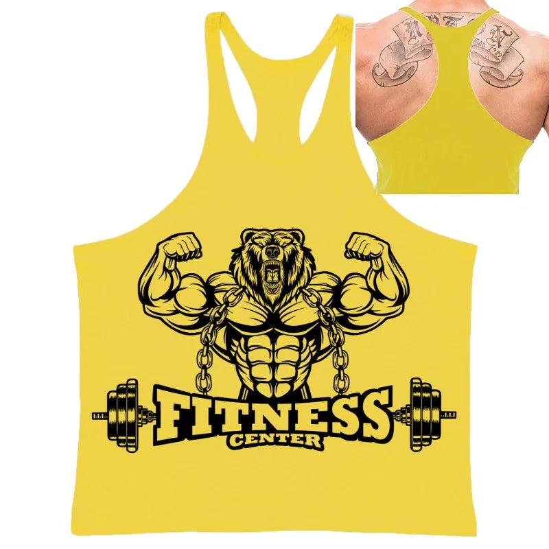 Men's Fitness Bear Graphic Stringer Tank Top, Bodybuilding Gym Vest, Summer Casual Street Fashion Sleeveless Shirt