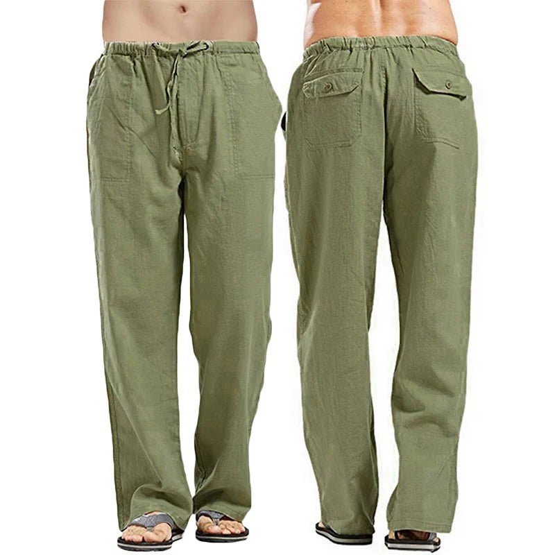 New Breathable Linen pants Mens 2-Pcs Summer Lightweight Cool Casual Pants Loose Drawstring Trousers Outdoor Work Classic Pants