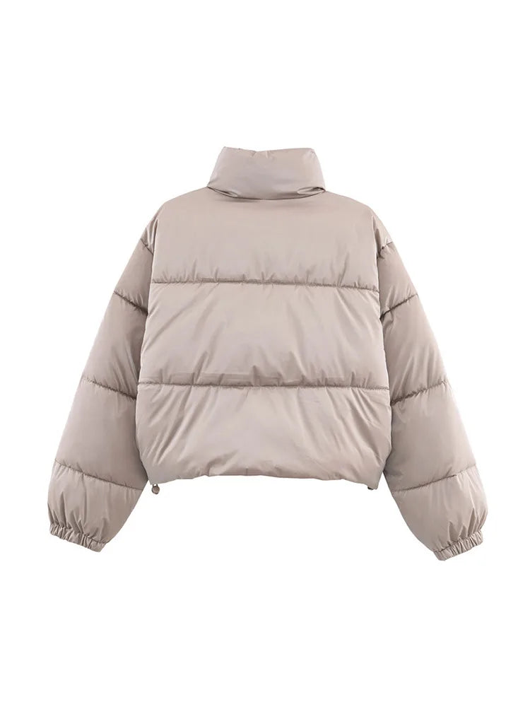 Women's Solid Cropped Puffer Jacket Stand Collar Quilted Fabric Elastic Cuff Coat Winter Casual Outings Daily Wear Cold Weather ATFH