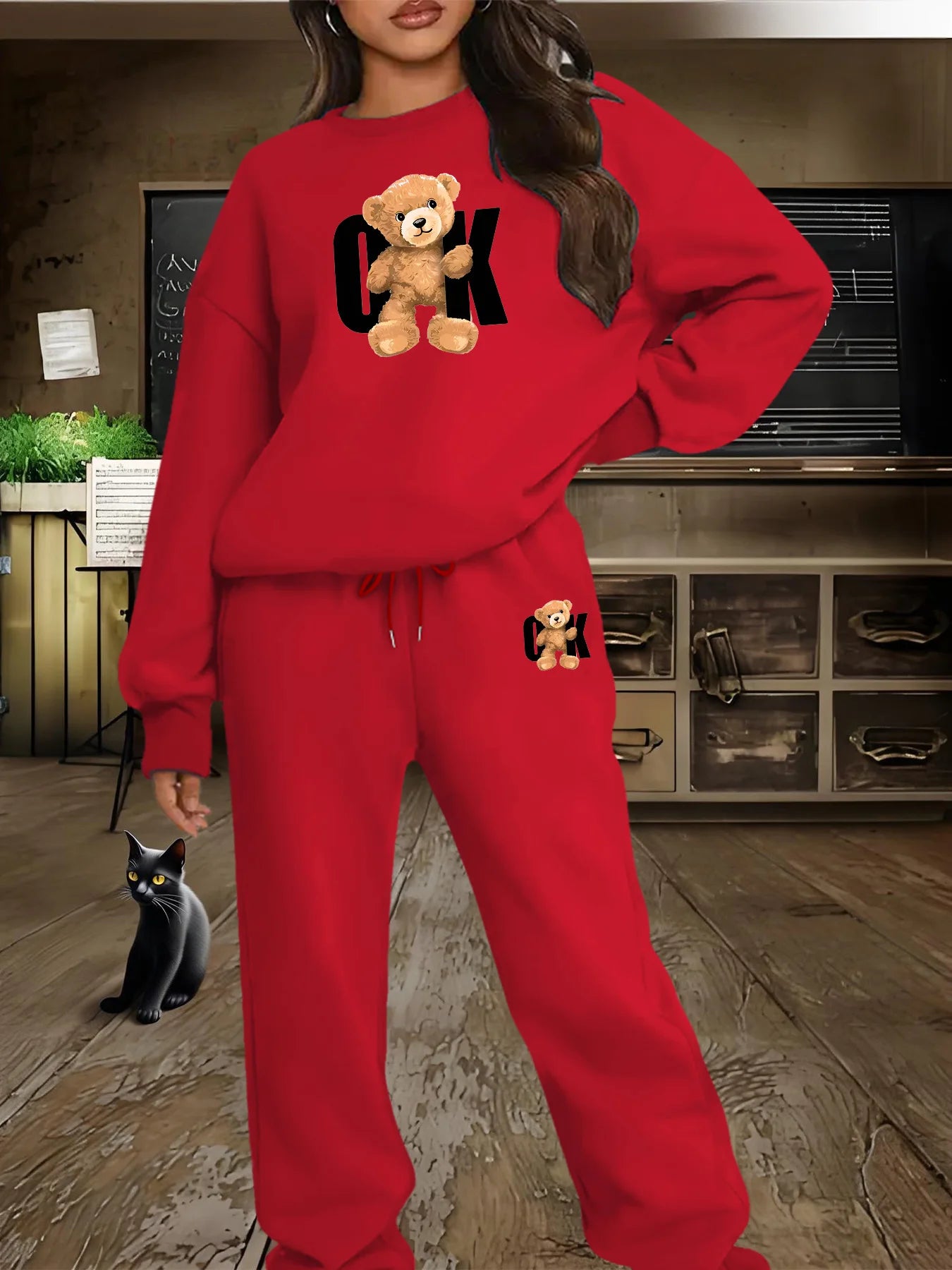Women's autumn and winter hip-hop casual street fashion printed round neck sweatshirt+sweatpants warm suit