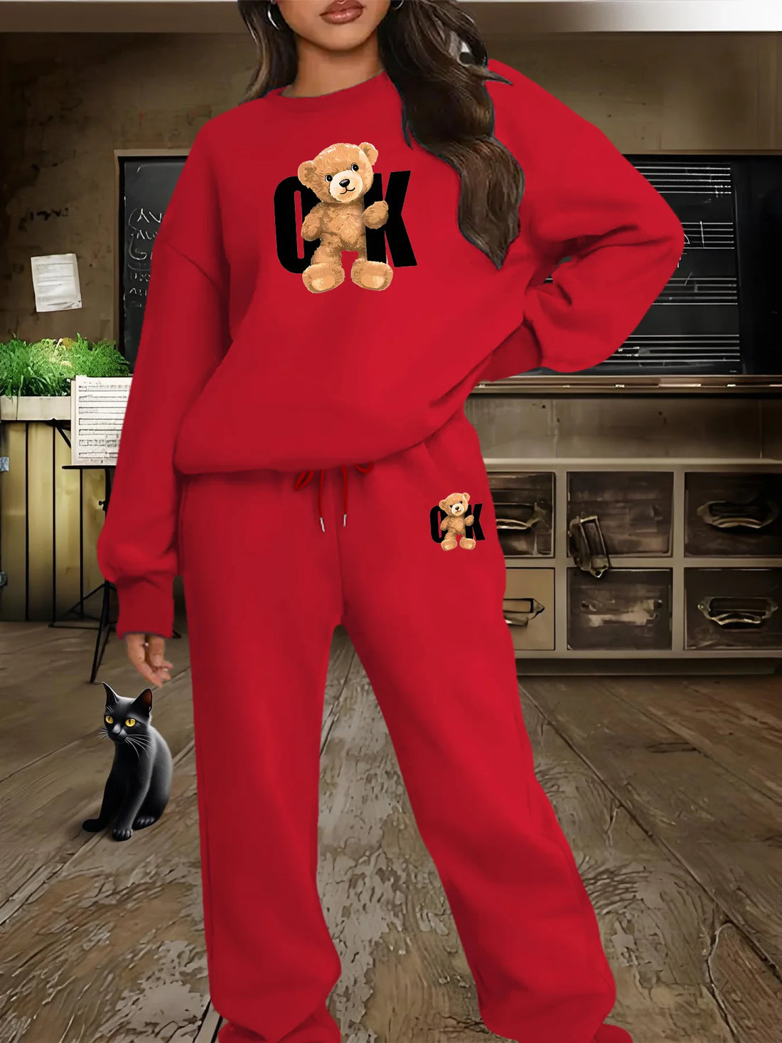 Women's autumn and winter hip-hop casual street fashion printed round neck sweatshirt+sweatpants warm suit