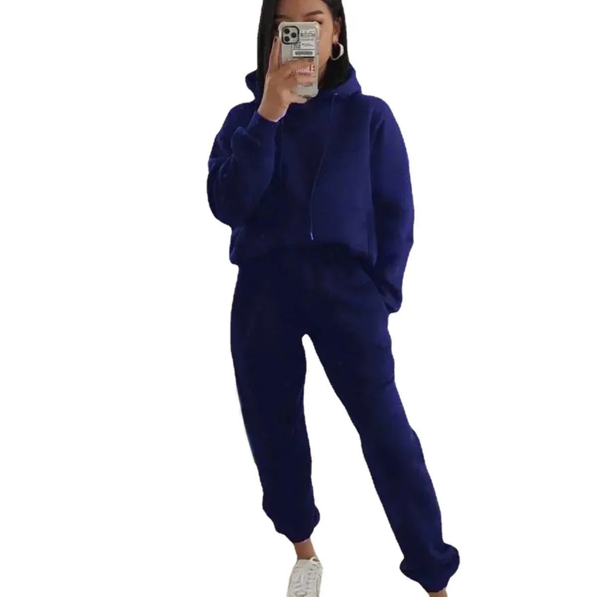 Women's Hooded Long Sleeved Pocket Sweatshirt Solid Color Sports Set Two-piece Set 2024 Autumn/winter