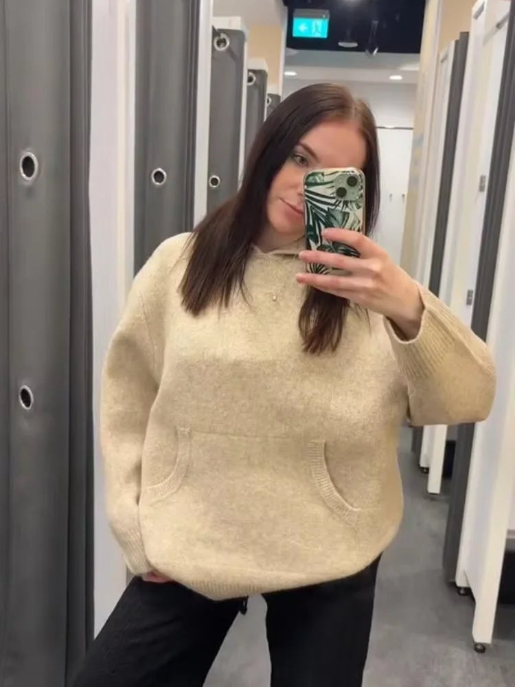 Casual Hooded Knitted Women's Sweater All-matching Green Loose Full Sleeve Pocket Lady Pullover Fashion Spring Female Top 2026 - ATFH