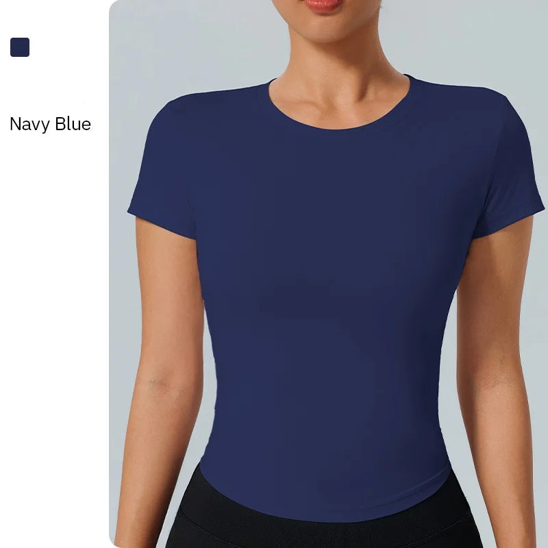Women's Outdoor Fitness Yoga Top Round-Neck Short Sleeve Quick-Dry Compression T-Shirt for Running and Yoga - ATFH