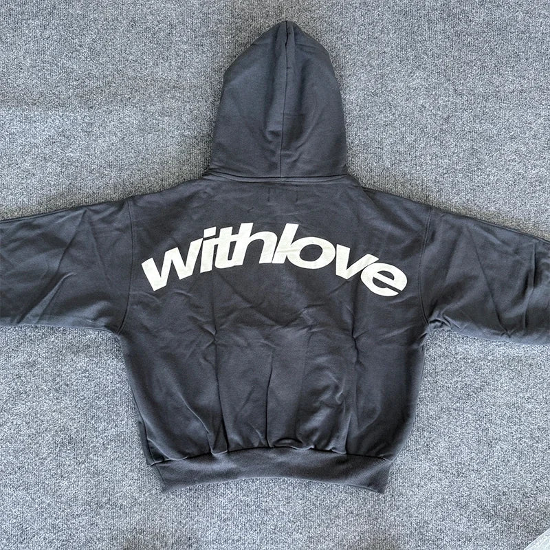 Men's With Love Cursive Text Graphic Hoodie Sweatshirt Oversized Streetwear Pullover Casual Autumn Winter Hooded Top
