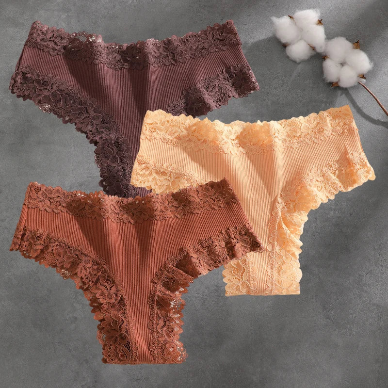 3Pcs Cotton Lace Patchwork Bikini Panties Women Seamless Floral Print Brazilian Pants Low Waist Breathable Female Sexy Lingerie