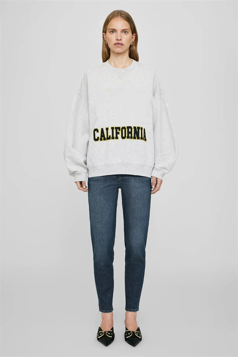 Grey Classic Letter Patch Embroidered Sweatshirt Women Soft Fleece Lining Crew Neck Long Sleeve Sweatshirts Female Autumn Winter - ATFH