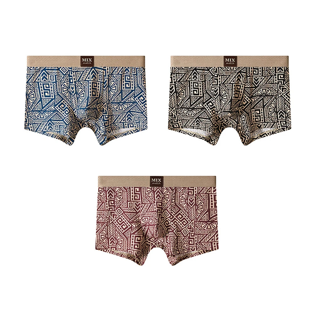 3PCS/Pack Soft 100% Cotton Vintage Print Men's Underpants Breathable Comfort Mesh Crotch Boxer Men High Elastic Waist Panties