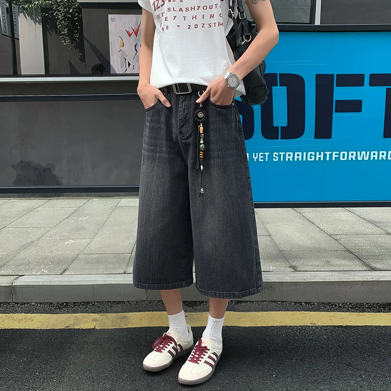 2026 American Street Retro Old Straight Denim Cropped Pants Men's Fattened Large Size Summer Casual Versatile Wide-leg Shorts ATFH