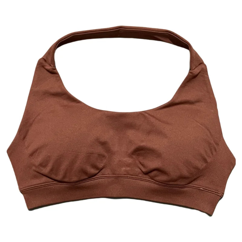 HISTELLO Women Seamless Halter Top Sports Bra High Support Push-up Open Back Pilates Gym Wear Fitness Yoga Workout Underwear - ATFH