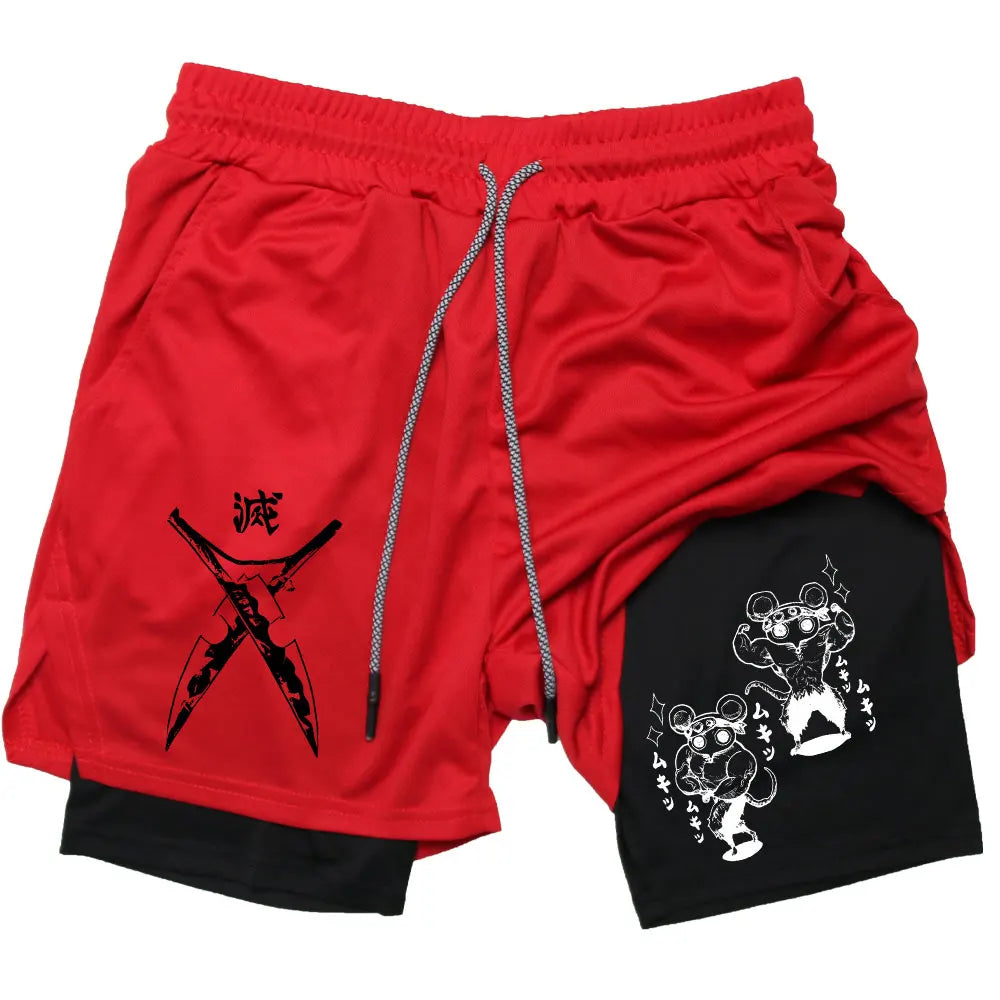 Men's Compression Shorts Anime Demon Slayer Print Beach Shorts Gym Fitness Running Quick Dry Short Pants Summer Print Sportswear