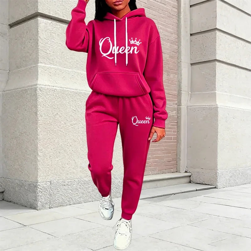Autumn Winter Women's Outfits Queen Printing Casual Hooded Sweatshirts 2 Pcs Suit Outdoors Fashion Clothing Quality Pants Sets