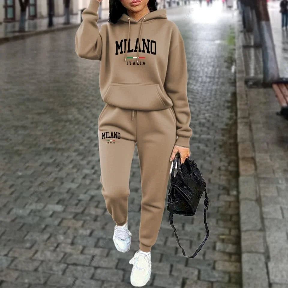 Women's Tracksuit Hoodies Pants Fall Winter Matching Set Athleisure MLANO Letter Print Fleece 2 Piece Sweatpants Set for Woman