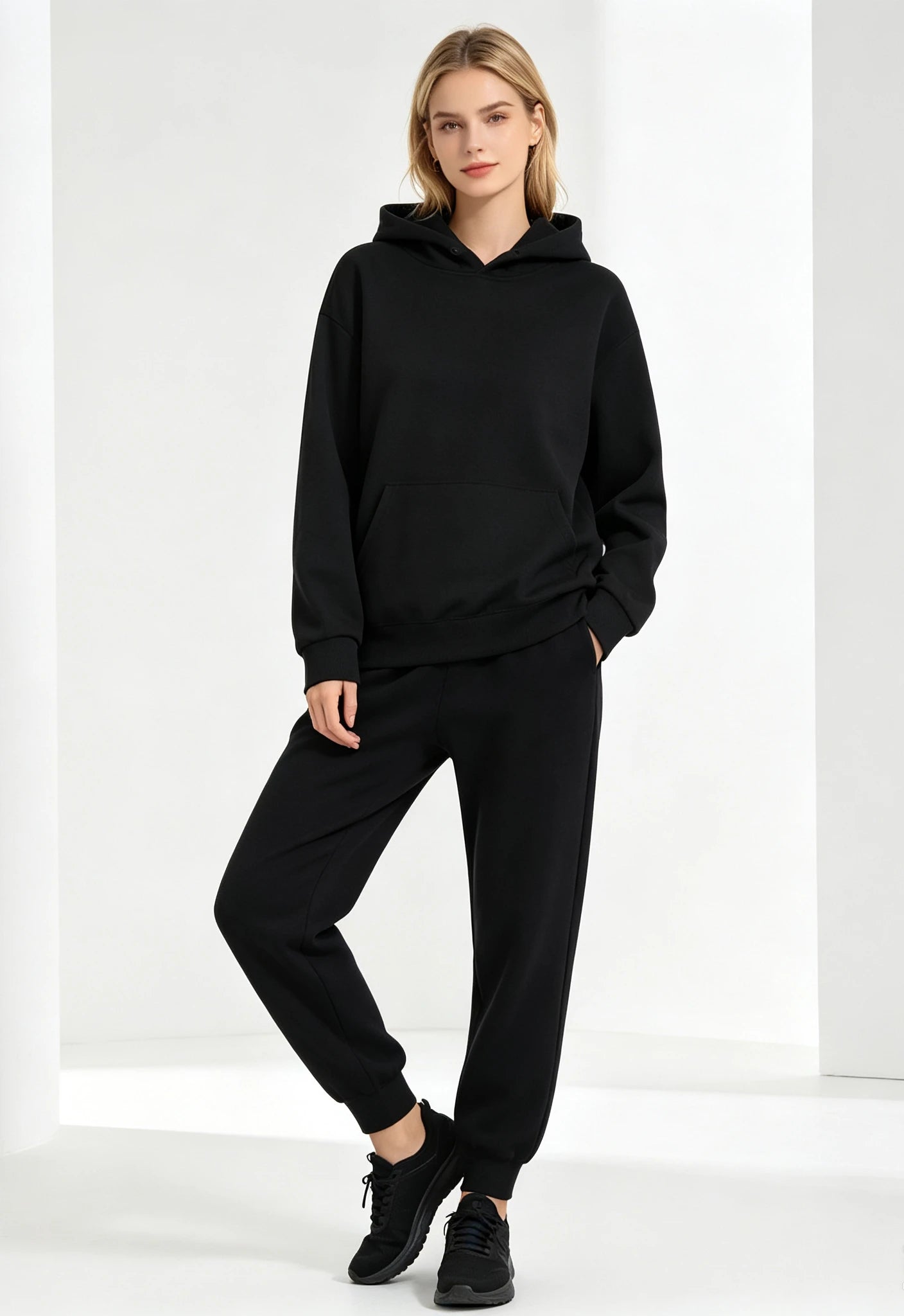 Women's Autumn and Winter Solid Color Minimalist Two-piece Set Hooded Sweat Casual Drawstring Leg Sweat Pants Home Suit