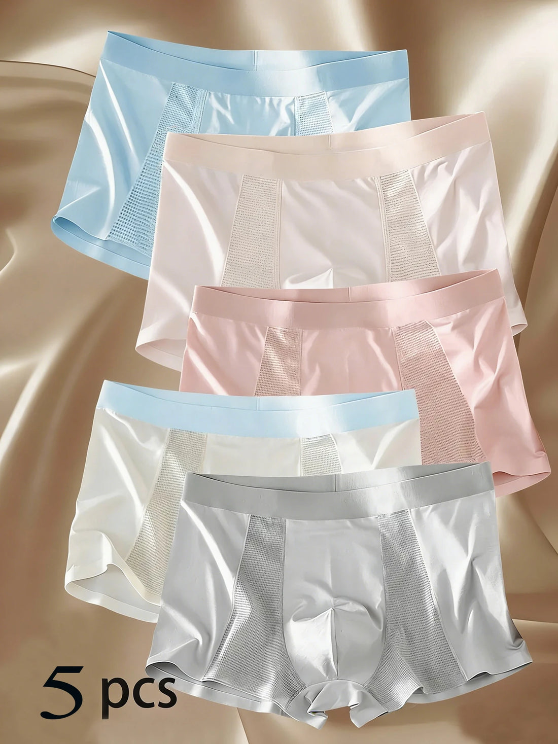 5PCS Breathable Mesh Men's Underwear, Comfortable and Simple Mid-Waist Straight-Leg Pants, Summer Refreshing Style