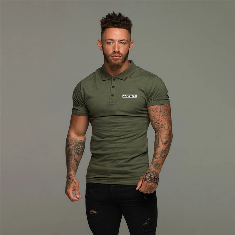 Fashion Lapel Tight Polo Shirts Cotton Breathable Short Sleeves T-Shirts Gym Workout Muscle Tops Mens Bodybuilding Fitness Polos