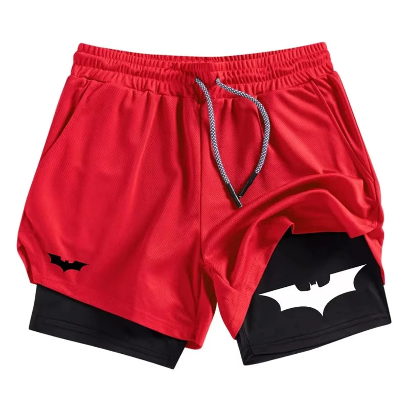 Men's Bat Print 2-in-1 Performance Shorts, Breathable Quick Drying Sports Shorts with Phone Pocket, Gym, Training, Running,