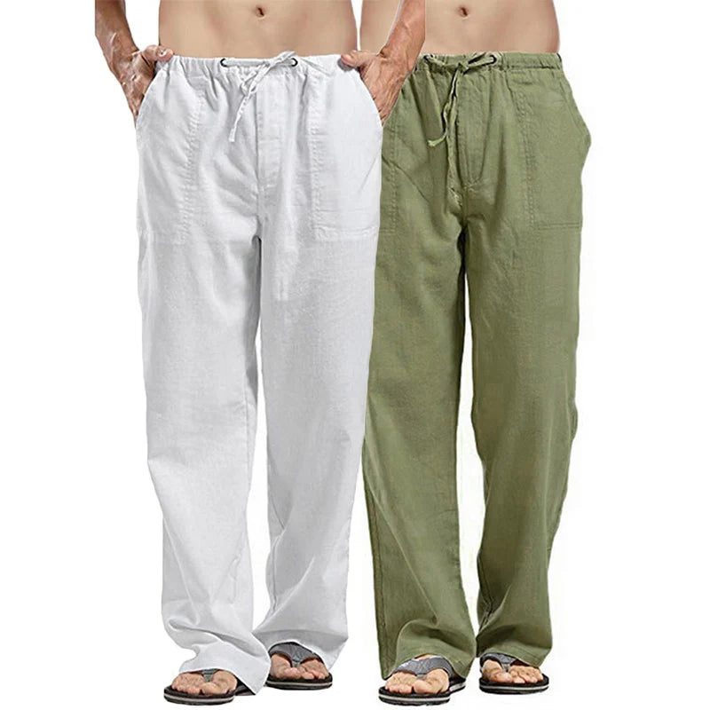 New Breathable Linen pants Mens 2-Pcs Summer Lightweight Cool Casual Pants Loose Drawstring Trousers Outdoor Work Classic Pants