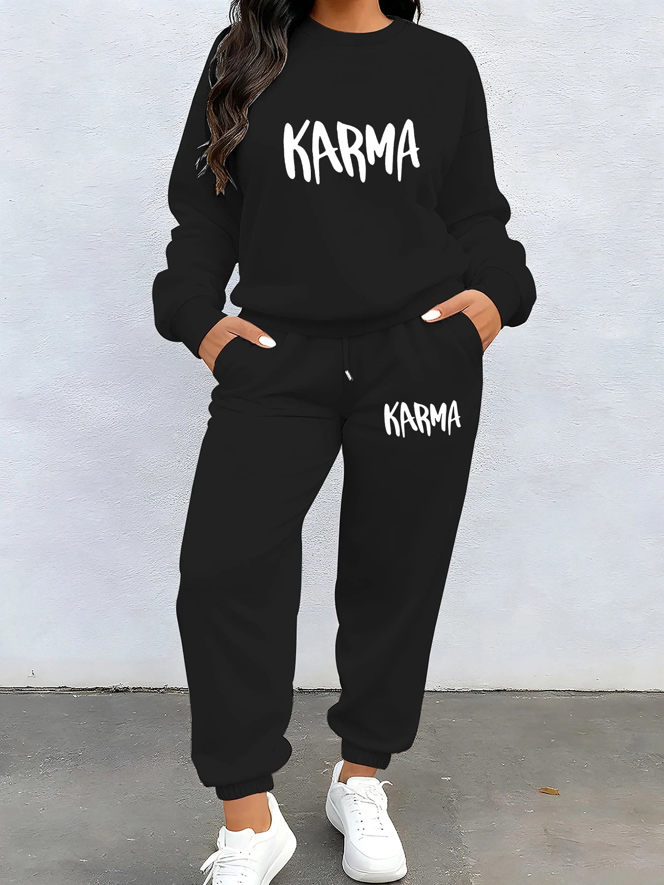 Autumn and Winter Season Lazy Print Long-Sleeve Set, Loose Casual Fit Sweatshirt, Jogger Pants, Casual Sweet Lazy Comfortable Pullover, Crew Neck Sweatshirt + Wide-Leg Pants Two-Piece Set for Party and Commuting, Women's Clot