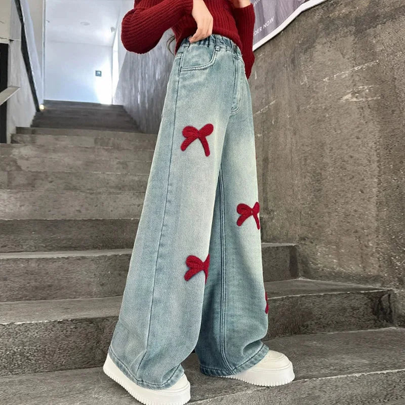 Girls Autumn Winter Plush Warm Denim Straight-leg Pants 5-14 Years Kids Fashion Bowknot Embroidery Jeans Casual Loose Sweatpants ATFH