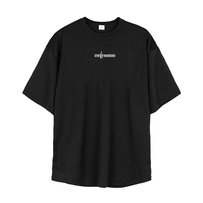 Summer Mesh Breathable Quick Dry Clothing Men Bodybuilding Hip Hop Short Sleeve Sport T-shirt Gym Fitness Oversized Loose Shirts ATFH