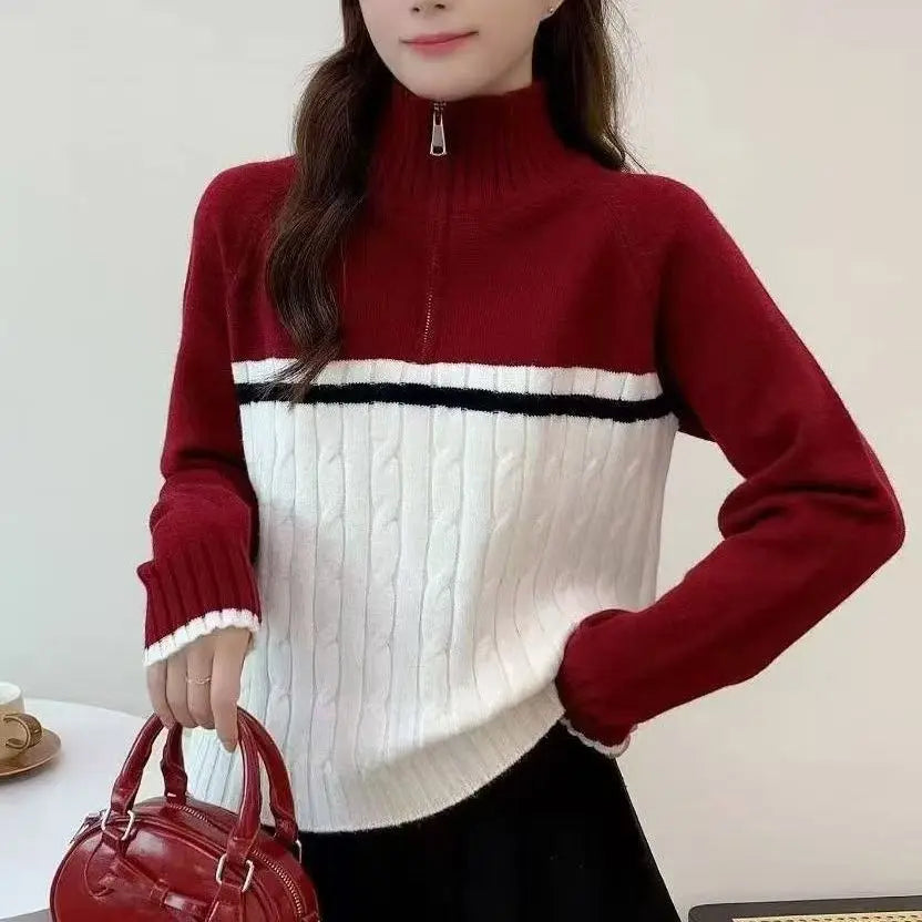 Lapel Half Zipper Turtleneck Knitted Jacket Sweater Autumn and Winter Fashion Loose Color Combination New Style - ATFH