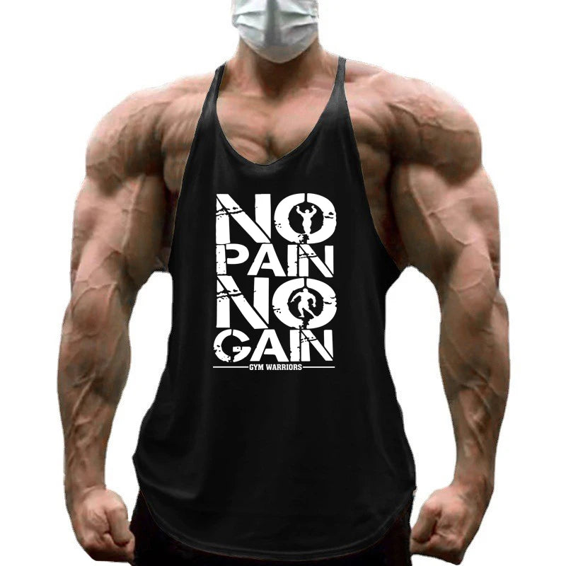 NO PAIN NO GAIN Workout Gym Clothing Bodybuilding Stringer Tank Top Men Cotton Vest Y Back Sleeveless Shirt Sports Singlets