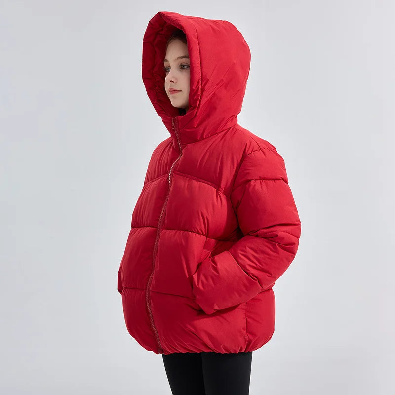 Winter Boys Girls Cotton Down Jacket Solid Windproof Thick Warm Hooded Mid-length Coat for 3-10 Years Kids Casual Outerwear