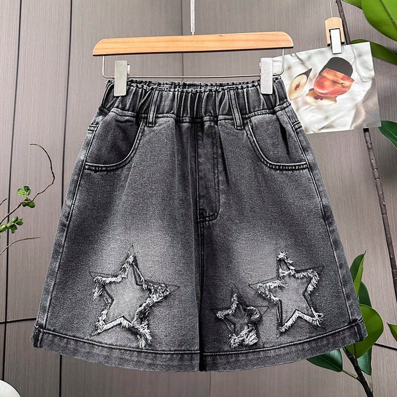 L-6XL Plus Size Denim Shorts For Women Summer 2025 High Waist Black Loose Wide Leg Short Jeans Women Star Large Size Short Jeans ATFH