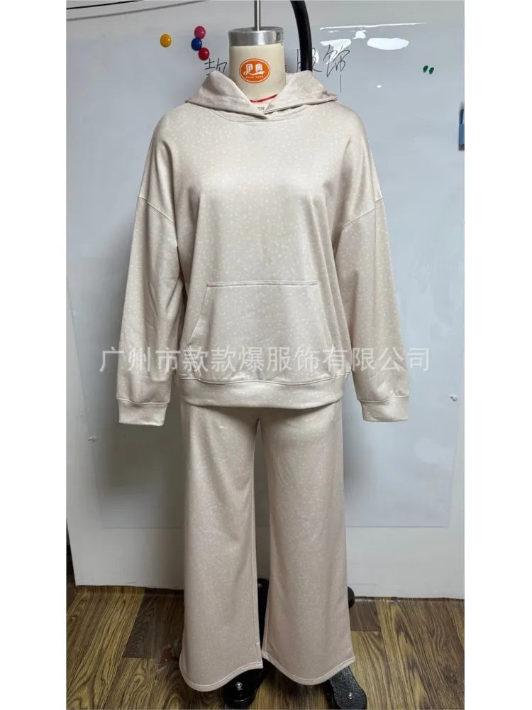 Female Solid Color Loose Sweatshirt Two-piece Sets Fashion Hooded Hood With Pocket Wide-leg Pants Suit Autumn Winter Lady Outfit