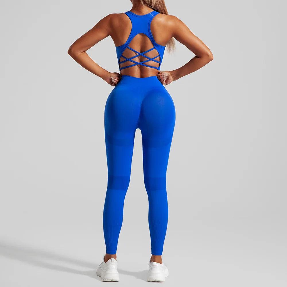 Seamless Yoga Set Two Piece Set Womens Outifits Workout Gym Set Fitness Clothing Tracksuit Backless Crop Top Leggings Sport Suit - ATFH