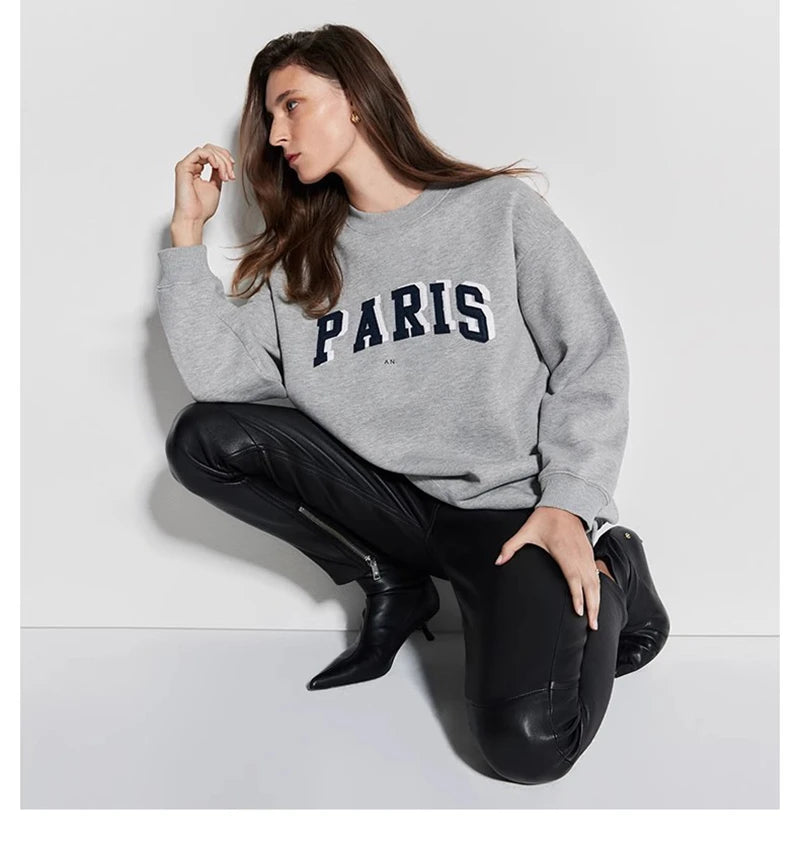 Grey Classic Letter Patch Embroidered Sweatshirt Women Soft Fleece Lining Crew Neck Long Sleeve Sweatshirts Female Autumn Winter - ATFH