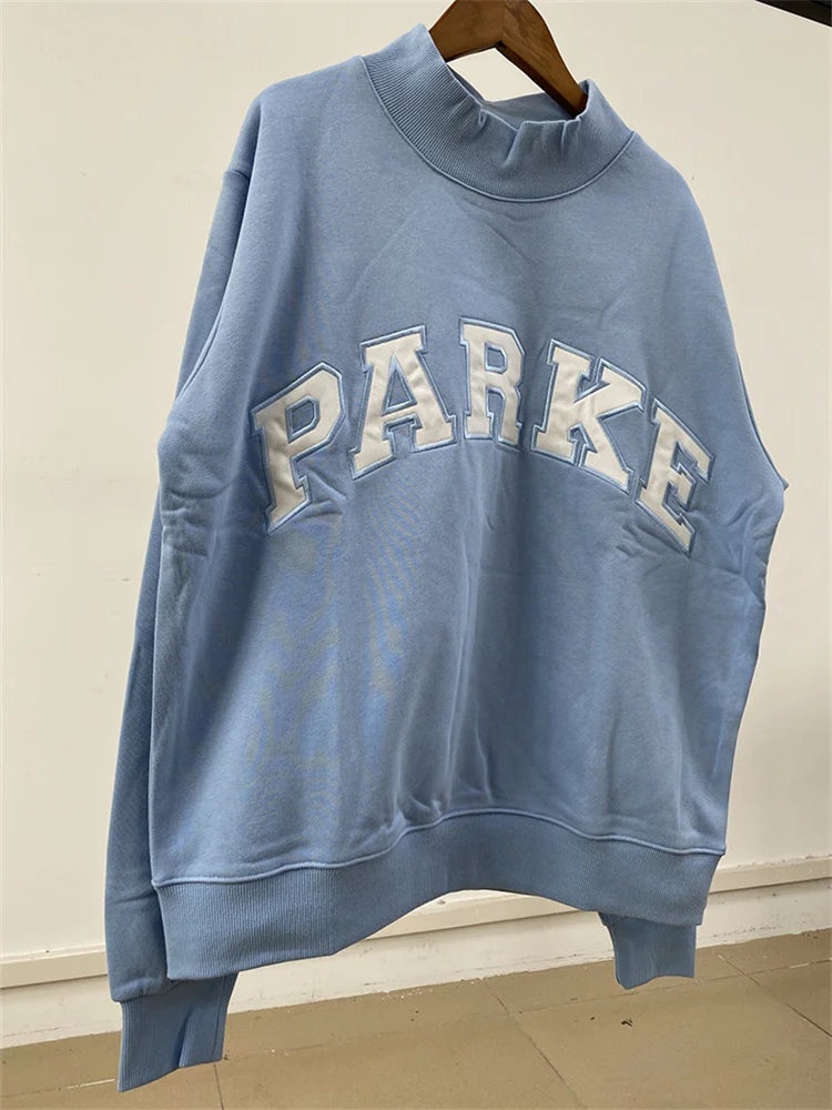 Letters Patch Embroidery Women Blue Sweatshirts Long Sleeve Vintage Female Stand Collar Pullover Casual Ladies Sports Top - ATFH