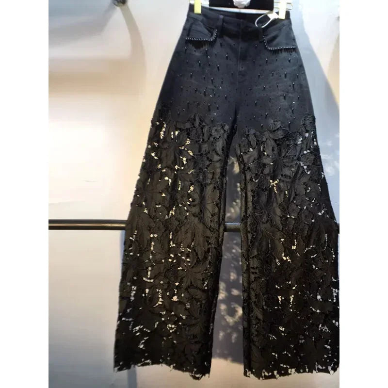 New Summer Denim Patchwork Hook Flower Hollow Lace Straight Leg Wide Leg Pants Casual High Waist Heavy Embroidery Rhinestone ATFH