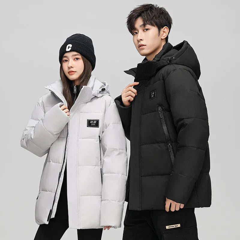 Couples Winter Outdoor Hiking Windproof Warm Fashion Trend Casual Hooded Jacket Solid Color White Duck Down Down Jacket