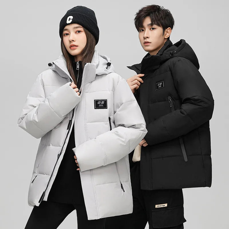 Couples Winter Outdoor Hiking Windproof Warm Fashion Trend Casual Hooded Jacket Solid Color White Duck Down Down Jacket