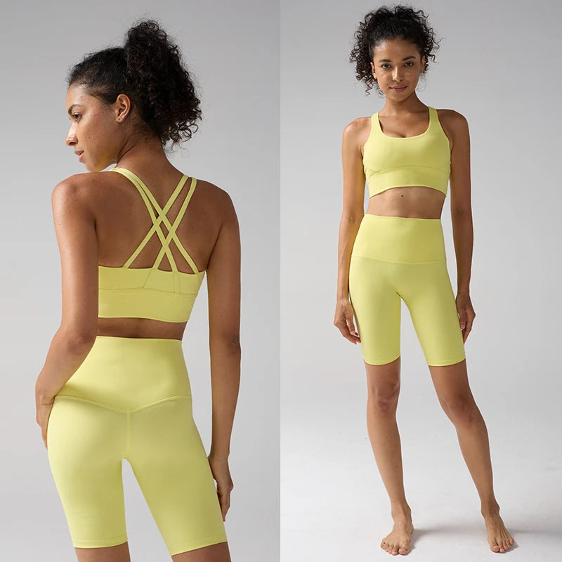Women's 2 Piece Yoga Gym Sports Clothes Set Cross Back Bra Top with High Waist Shorts Fitness Running Workout Tracksuit - ATFH