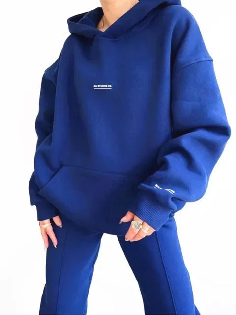 Women's Casual Hooded Sweatshirt Trousers 2 Piece Set Plus Velvet Warm Fashion Pocket Printed Letters Sports Ladies Trousers Set ATFH