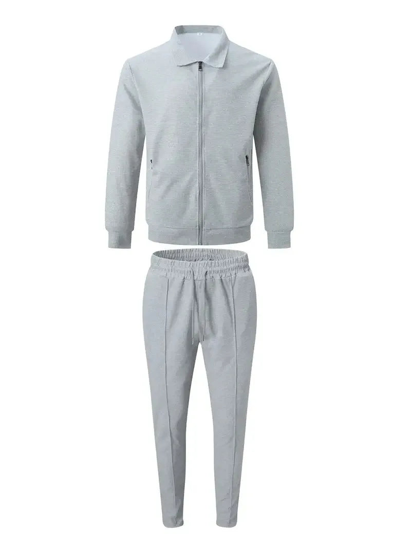 Men's Spring Waffle Two-Piece Set Casual Sports Suit with Zipper Long-Sleeved Jacket And Pants Collared - ATFH