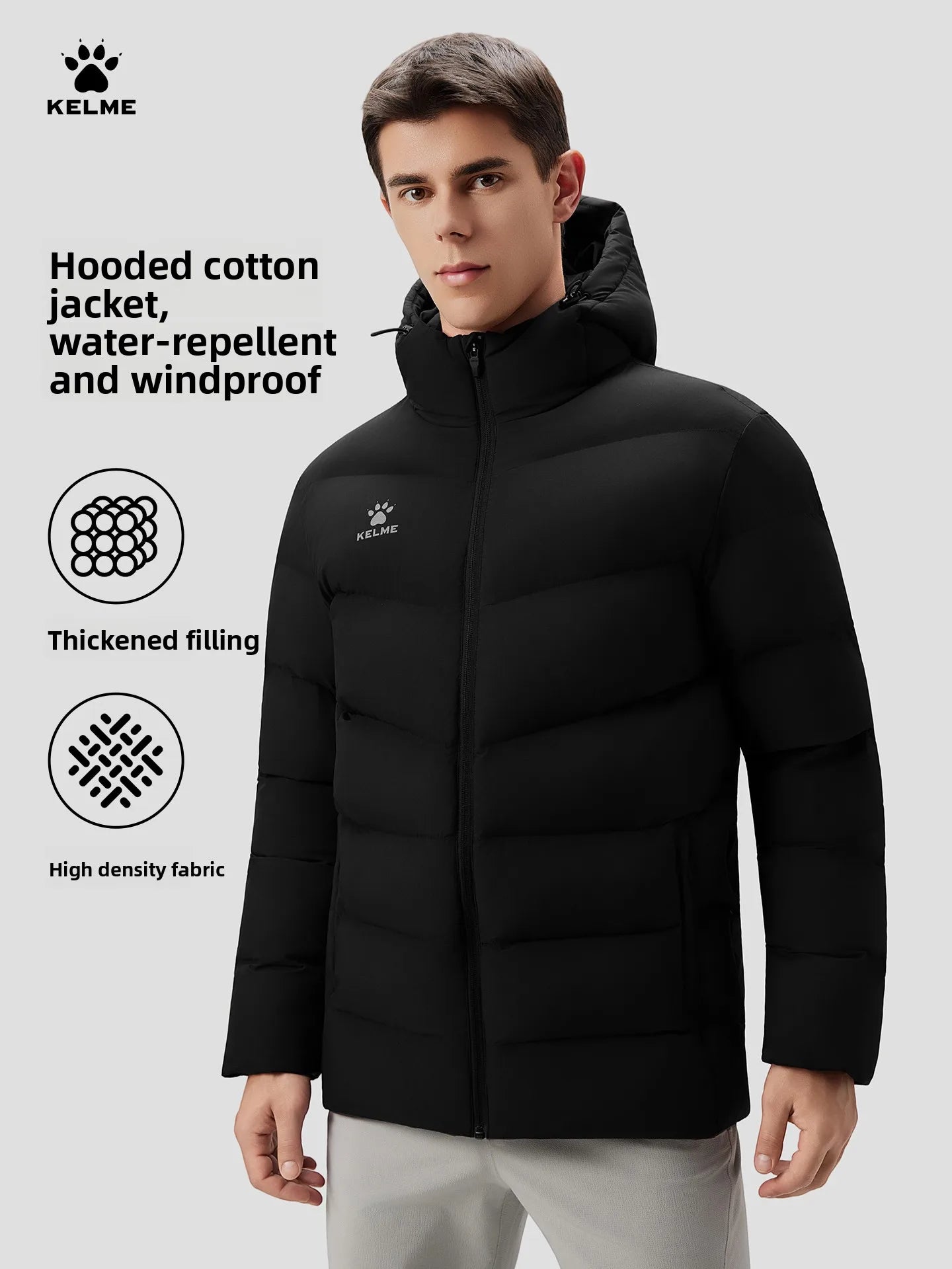 Kelme Men's Hooded Thermal Jacket For Sports Football Training And Outdoor Activities  Windproof Fleece-lined Coat