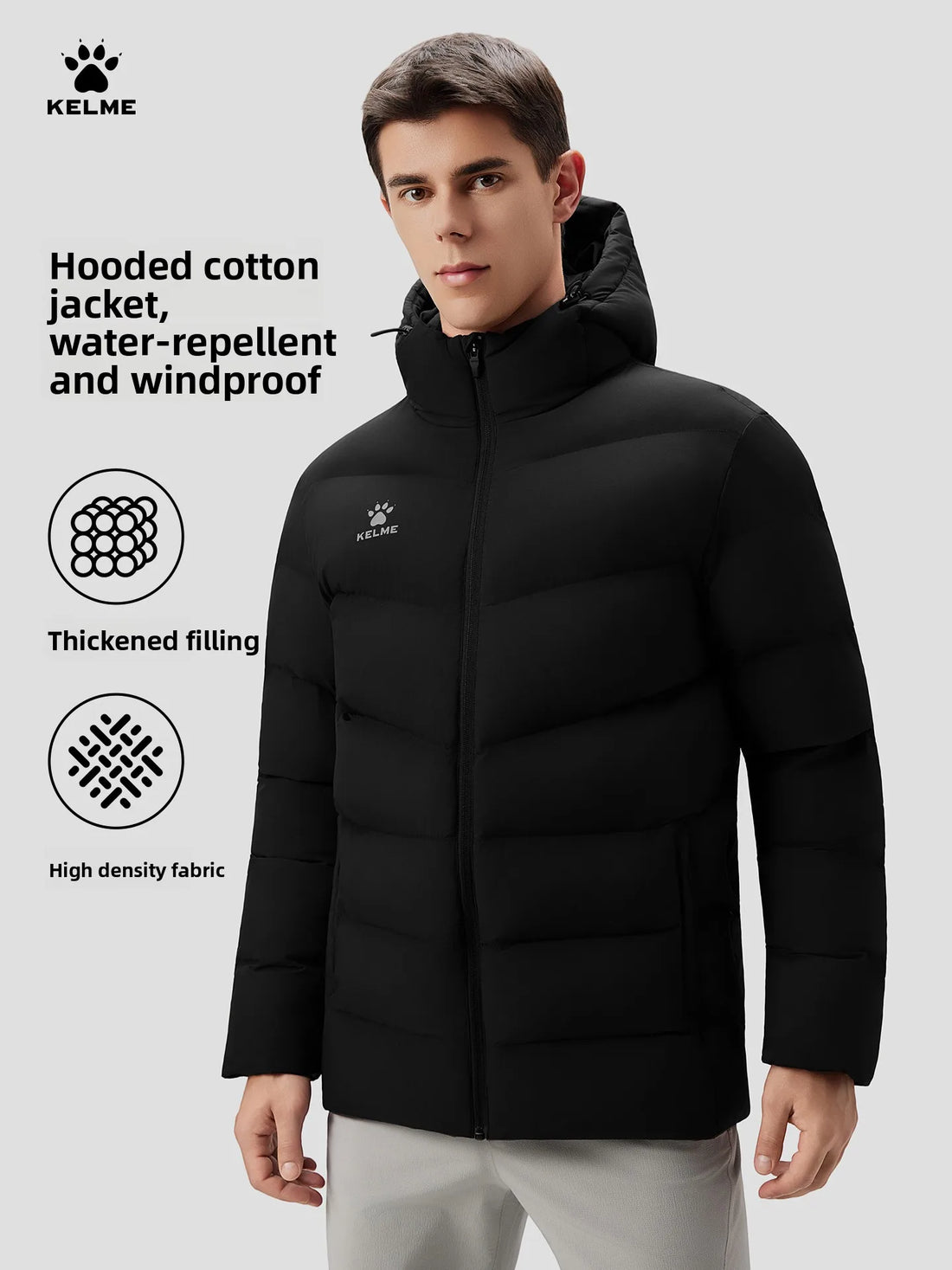 Kelme Men's Hooded Thermal Jacket For Sports Football Training And Outdoor Activities  Windproof Fleece-lined Coat