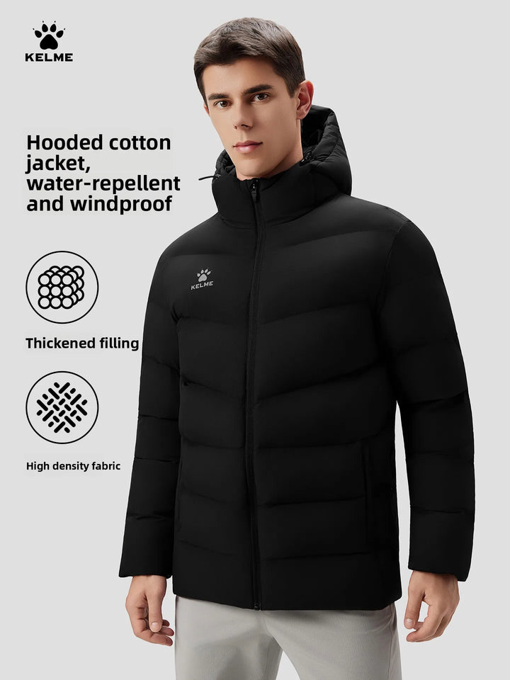 Kelme Men's Hooded Thermal Jacket For Sports Football Training And Outdoor Activities  Windproof Fleece-lined Coat