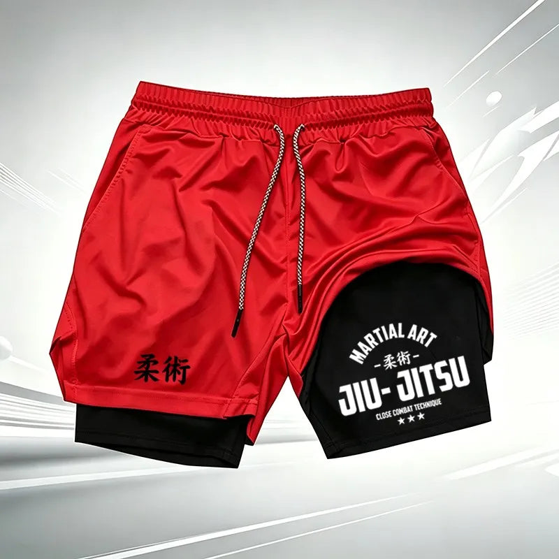 Martial Art Jiu-Jitsu Print Ufc Men's Double-Layer Sports Shorts, Quick Dry, Anti-Chafe, for BJJ, MMA & Fitness wx249