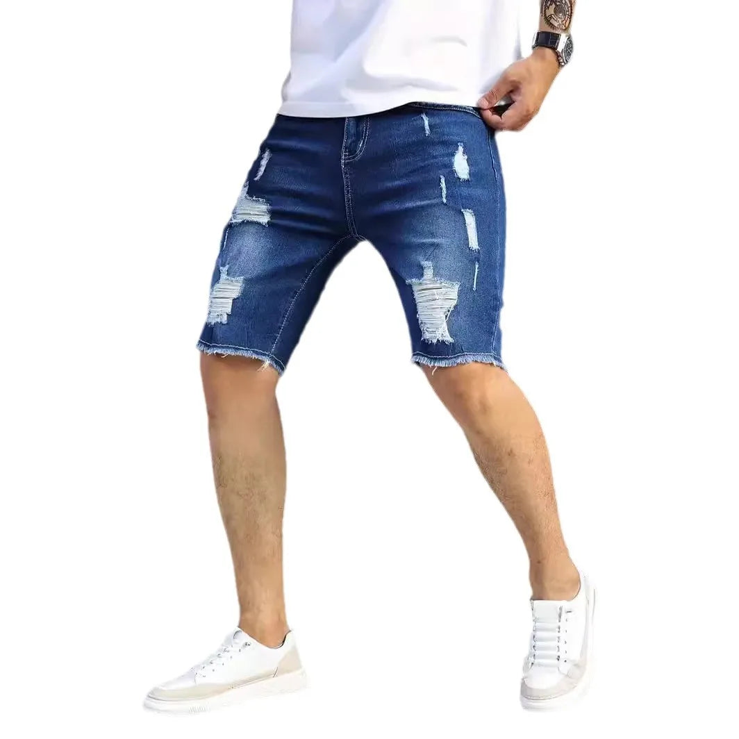 Summer Ripped Jeans Men Stretch Denim Shorts Male Short Jeans Slim Straight Shorts Fashion Black Jeans Man Clothes Streetwear ATFH