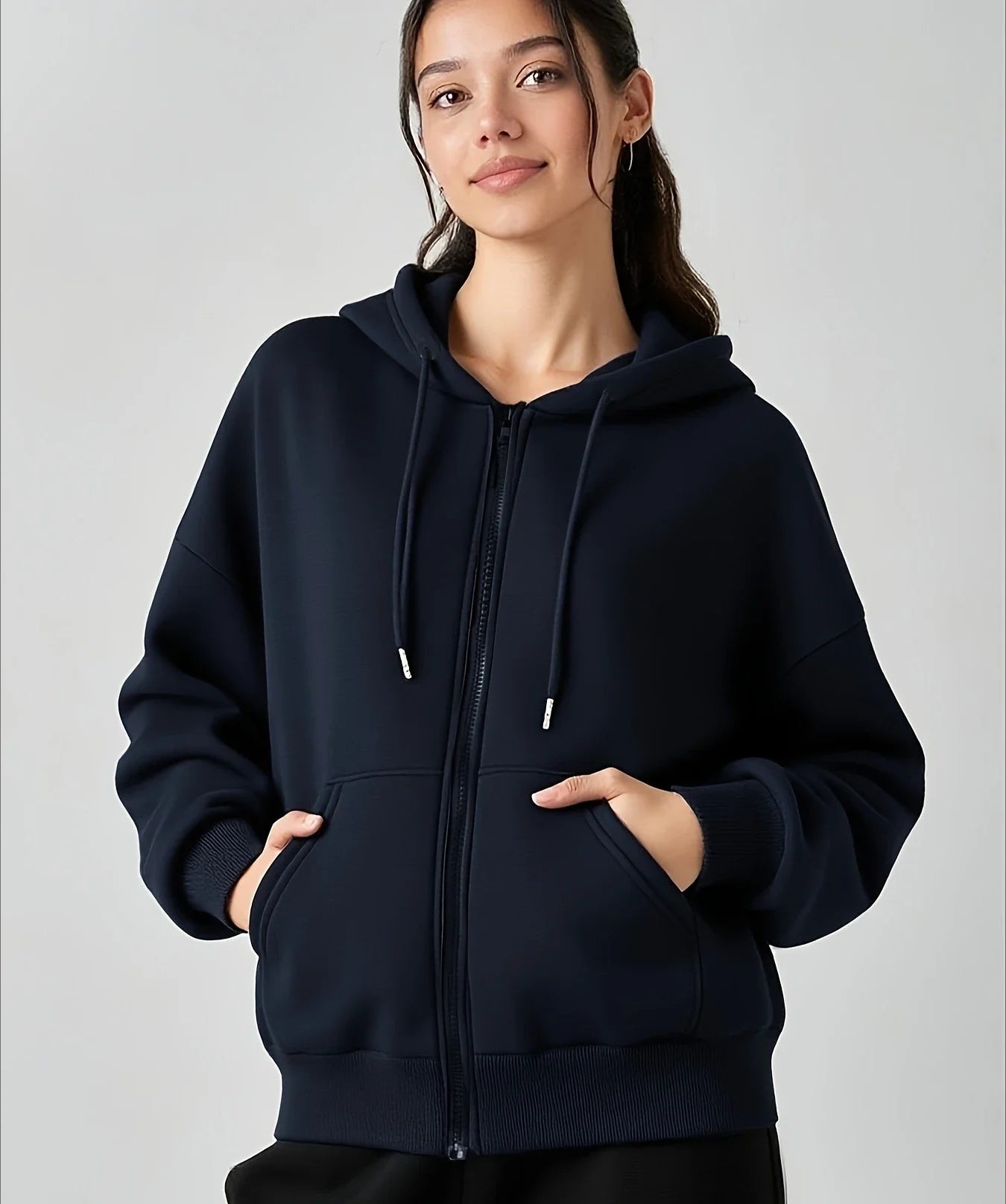 Black White Women's Zipper Hoodies Jacket Cotton Fleece Hoody Sweatshirt Pullover Autumn Winter Oversized Loose Tops Coat Unisex - ATFH