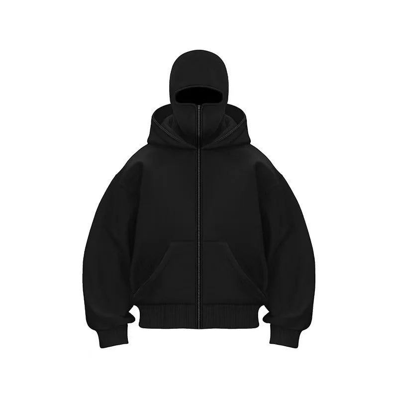 Balaclava Men Zip Hoodie Winter Warm Casual Sweatshirt Y2K with Hooded Face Mask Zipper Design Sports Jacket Outdoor Activities - ATFH
