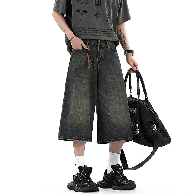 black Baggy Denim 5 Shorts Wide Leg Pants Men Fashion High Waisted Over the knee Jeans Shorts Oversize 6 7 8six-seven point pant ATFH