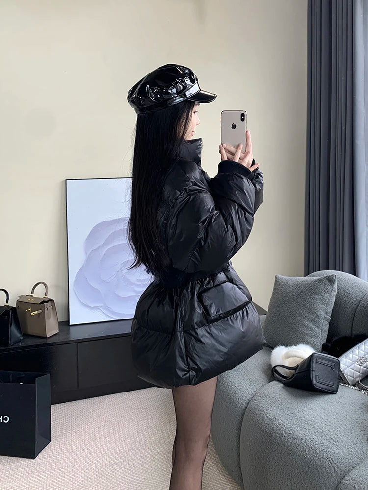 Winter Slim Stand Collar Cotton Down Jacket Women White Duck Down Double Pocket Down Jackets Female Thick Warm Parker Outwears ATFH